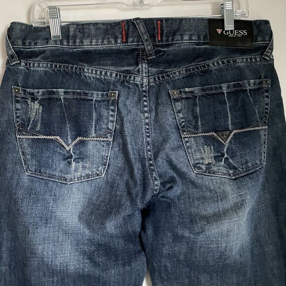 Guess Jeans Men 32x32 Slim Straight Del Mar Fit Dark Wash Blue Distressed - Picture 13 of 16